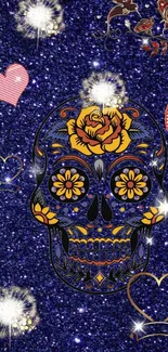 Colorful skull and hearts on a starry blue background wallpaper.