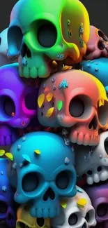 A vibrant stack of colorful skulls in various hues, creating a bold, artistic mobile wallpaper.