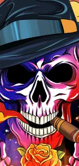 Vibrant skull with hat and cigar on colorful background.