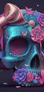 Colorful skull art with pink and blue flowers on dark background.