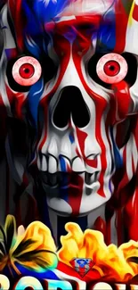 Colorful skull with vibrant paint splash on mobile wallpaper.