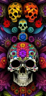 Colorful skull with floral designs on a vibrant purple background.