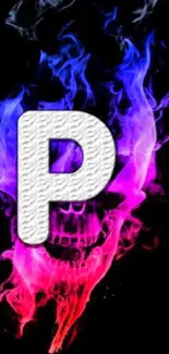 Vibrant skull wallpaper with colorful flames and a bold letter P on black background.