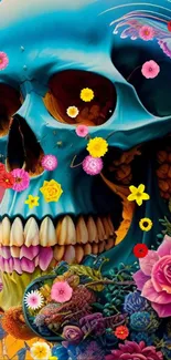 Colorful skull with floral design and butterflies, vibrant digital art.