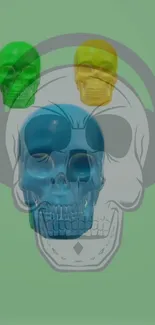 Colorful skull art wallpaper with green, blue, and yellow hues.