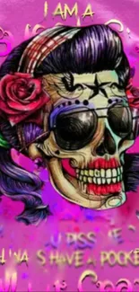 Colorful skull with roses and sunglasses on a vibrant pink background.