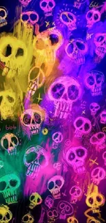 Vibrant skulls with neon colors on dark background wallpaper.