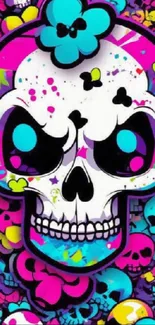 Vibrant skull graffiti wallpaper with magenta and blue accents.