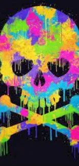 Colorful skull with neon splashes on black background.