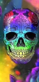 Intricate colorful skull wallpaper with floral details.