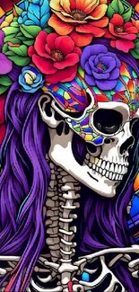 Colorful skull with flowers and purple hair in artful design.