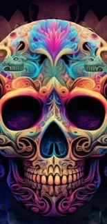 Colorful skull art with neon patterns, perfect as a mobile wallpaper.