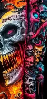 Intricate vibrant skull art wallpaper with fiery colors