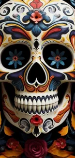 Colorful sugar skull with intricate floral patterns.