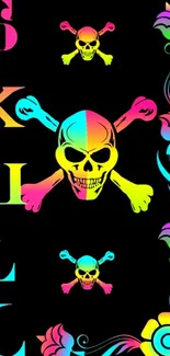 Colorful neon skull design with floral elements on black background.