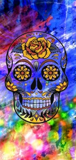 Colorful sugar skull on vibrant, multi-colored background, perfect for mobile.