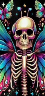 Colorful skull with butterfly wings in artistic design.