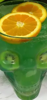 Skull-shaped cocktail with fruit garnish.