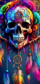 Vibrant skull and dreamcatcher mobile wallpaper with colorful feathers.