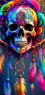 Colorful skull and dreamcatcher with feathers on vibrant wallpaper.