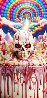 Colorful skull fantasy art with rainbow and candy elements background.