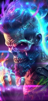 Colorful and fiery skull digital art wallpaper with vibrant flames.