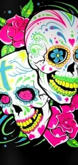 Colorful skull with flowers and butterflies on a purple background wallpaper.