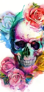 Colorful skull with flowers mobile wallpaper, artistic and vibrant design.