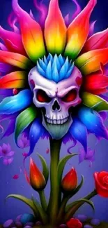 Colorful skull with flower petals on vibrant mobile wallpaper.