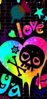 Colorful skull and heart graffiti wallpaper art.