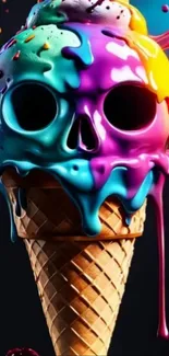 Colorful skull ice cream with flowing neon drips