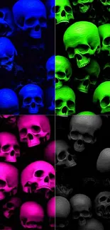 Colorful skulls in blue, green, pink, and black on mobile wallpaper.