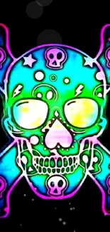 Colorful neon skull wallpaper with bright hues and intricate design.