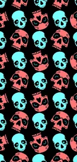 Colorful skull pattern wallpaper with pink and teal on black background.