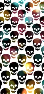 Colorful skull pattern mobile wallpaper with glowing effects.