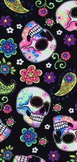 Colorful skull and floral pattern on black background.