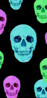 Neon skull pattern on black wallpaper