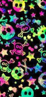 Colorful skull pattern wallpaper with vibrant hues on a black background.