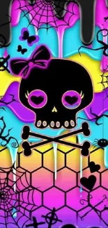 Neon skull and crossbones with colorful background.