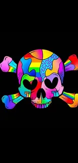 Colorful skull design mobile wallpaper with black background.