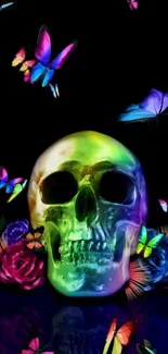 Colorful skull with butterflies and roses on a dark background.