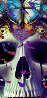 Colorful skull wallpaper with vibrant butterflies art.