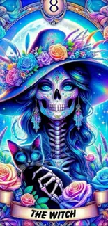 Vibrant witch and cat with flowers in digital art.