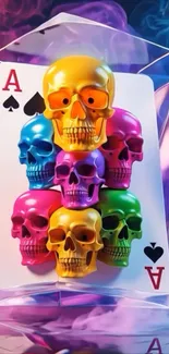 Colorful skulls stacked on a playing card wallpaper.