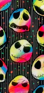 Colorful neon skull pattern wallpaper with black background.