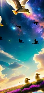 Vibrant sky filled with birds and colorful clouds.