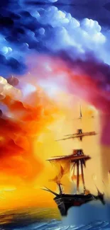 Artistic ship scene with colorful sky.