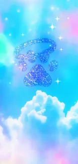 Vibrant wallpaper with glittery paws and clouds in a colorful sky.