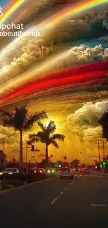 Vibrant swirling sky with rainbow colors and dynamic cloud art on a road.