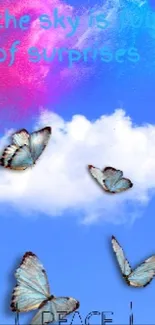 Blue sky with butterflies and colorful clouds.